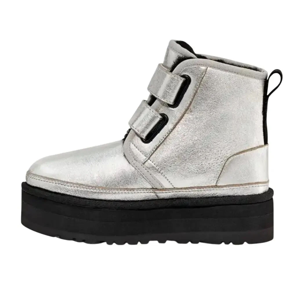 UGG Neumel Platform Leather Silver Metalic Size 6